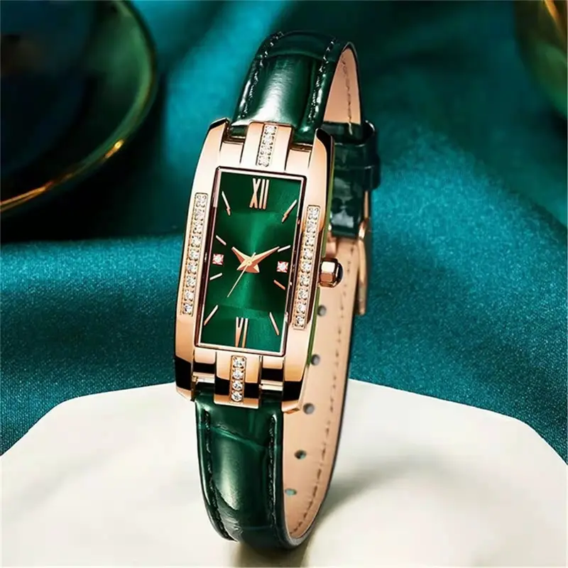 Relojes cuadrados de moda para mujer, reloj de cuarzo para mujer, conjunto de pulsera de cuero simple con esfera verde, relojes de lujo para mujer