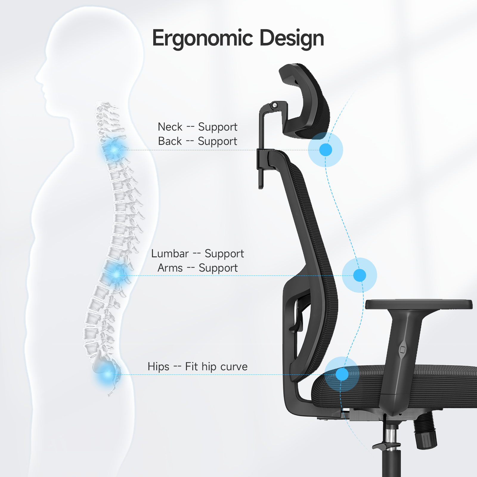 Ergonomic mesh office chair, high back office chair with tilt lock, 2D headrest, PU liftable arms, adjustable lumbar support
