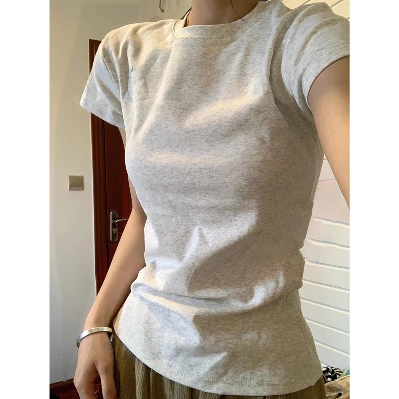 夏の新ベーシックソリッドカラー半袖 Tシャツ女性の通勤スタイルラウンドネックショート丈ピュアカラーコットンブレンドファイバー
