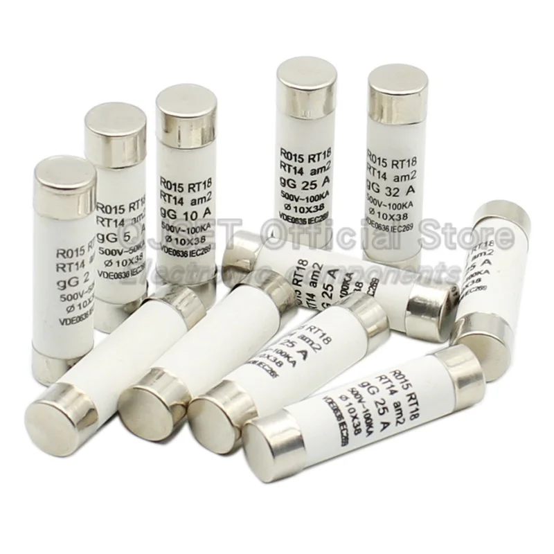 10 ชิ้น R015 10*38 Fast blow ฟิวส์เซรามิค 10x38 มิลลิเมตรฟิวส์ 500 โวลต์ 0.5A 1A 2A3A 4A 6A 8A 10A 16A 20A 25A 32A 40A 380 โวลต์ RO15 RT18 RT14 RT19