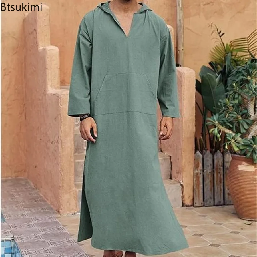 2025 New Men's Solid Muslim Robe Retro Arab Islamic Long Dress Casual Cotton Linen Long Kaftan Middle East Islamic Clothing Male