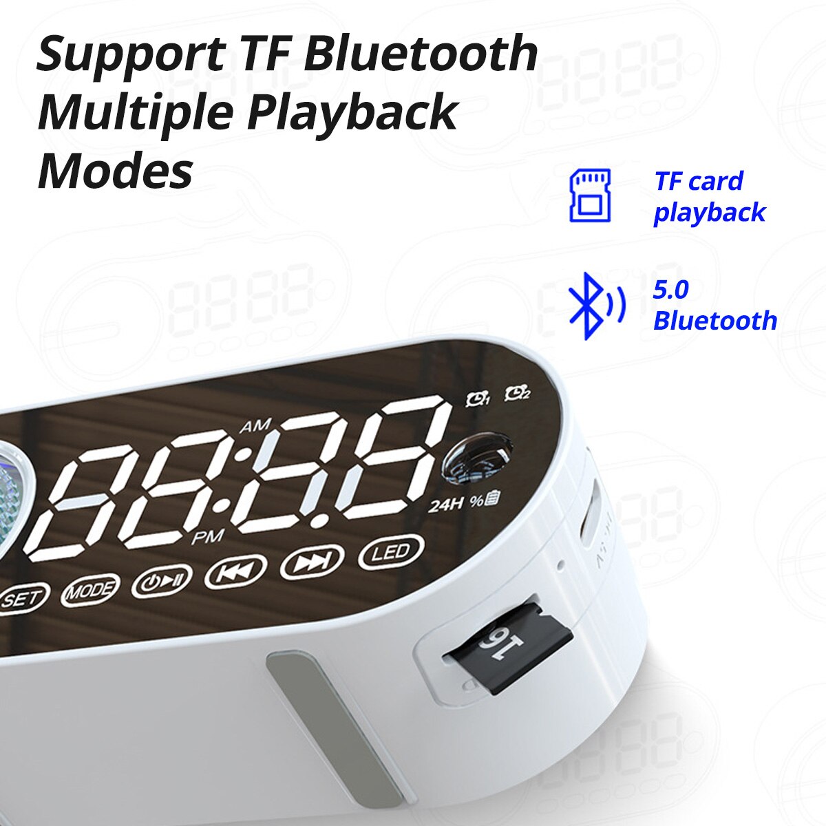 Leise drahtlose bluetooth lautsprecher wecker rgb tws usb led spiegel digital uhr fm großes display wohnzimmer büro dekoration