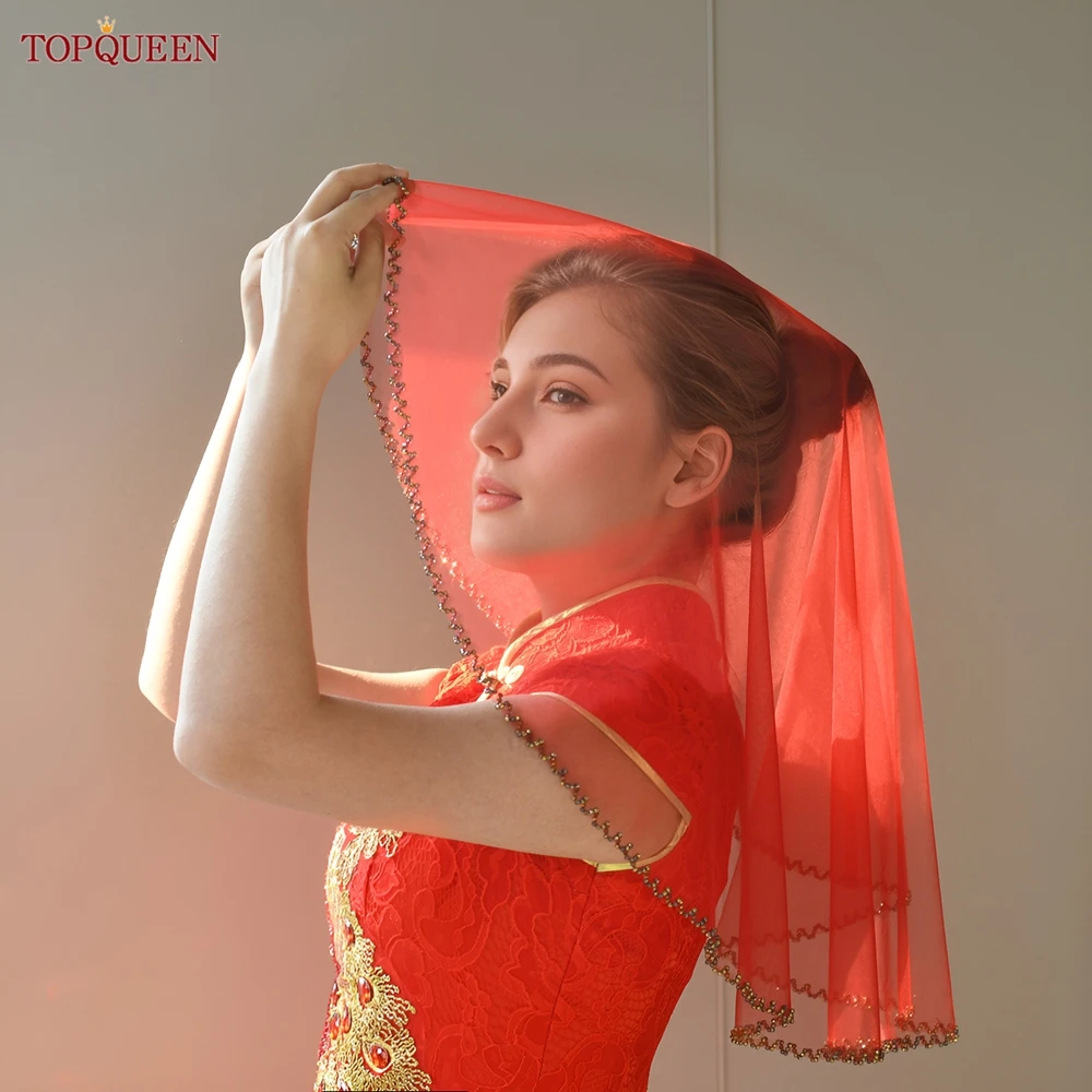Topqueen kerudung pernikahan 1 lapisan, kerudung tepi manik-manik mewah, Aksesori pernikahan merah hitam, Velo VA26