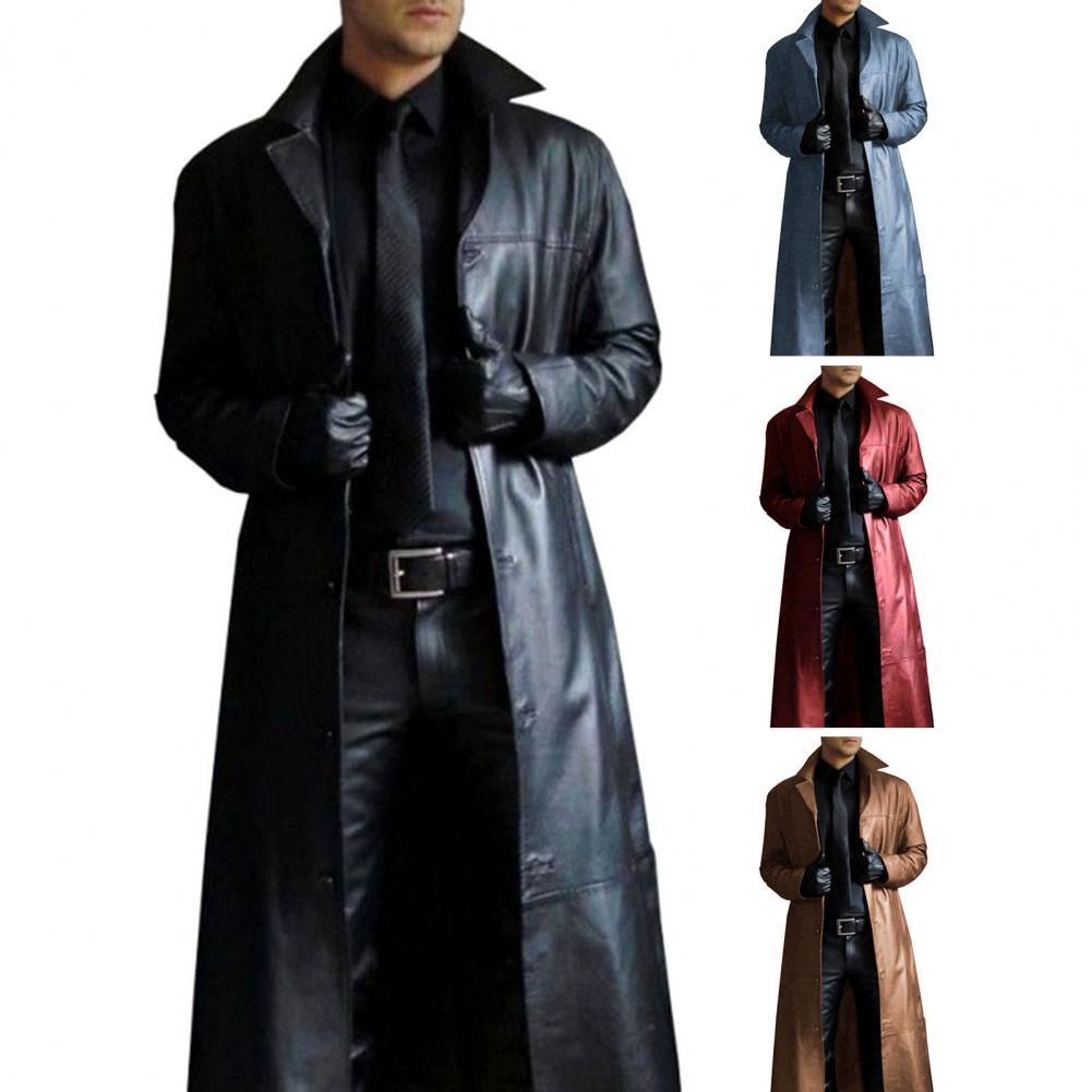 Abrigo largo de piel sintética para hombre, gabardina elegante de piel sintética con cuello vuelto, chaqueta de calle resistente al viento para corte ajustado