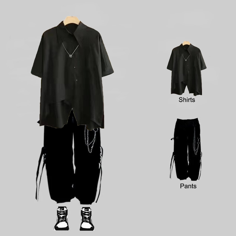 新しい男性ストリートツーピーススーツスプライスチェーン長袖 + リボンチェーンパンツ原宿カーゴパンツ 2 個セットメンズ衣装