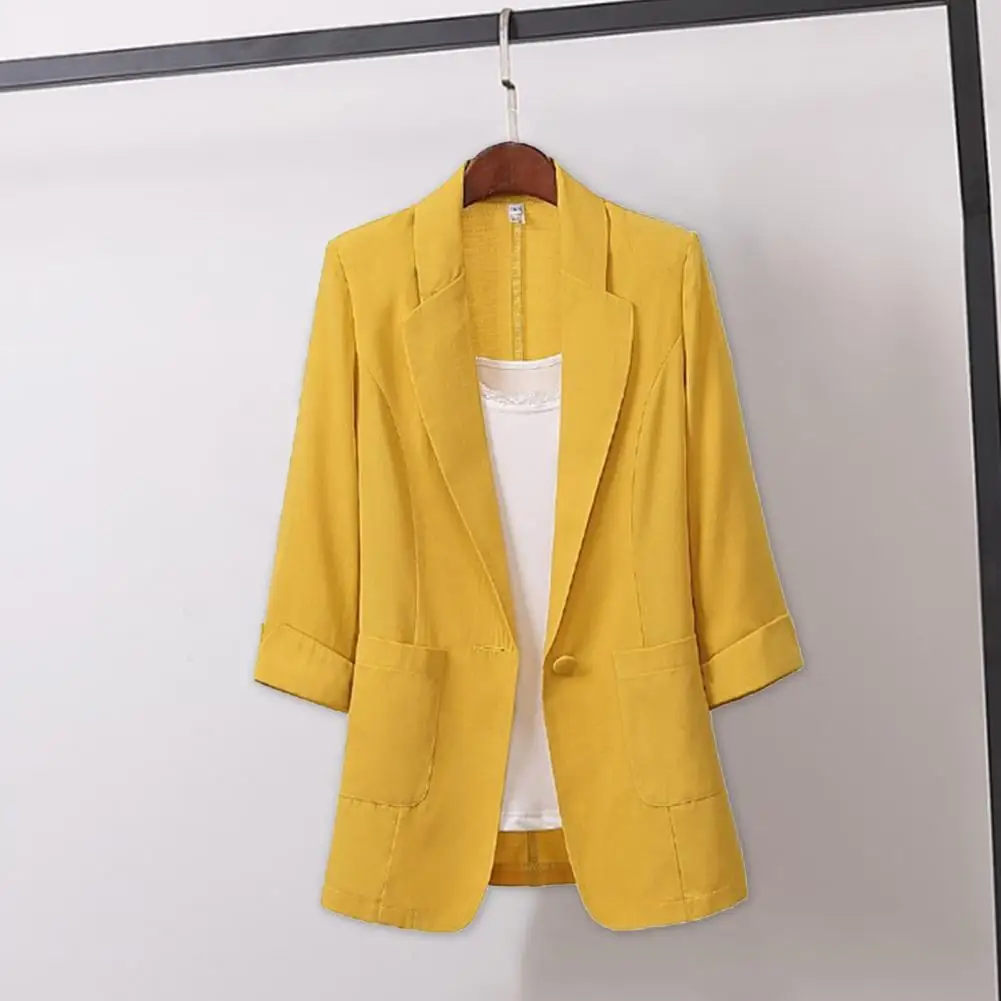 Frühling Sommer Dünne Mode Langarm Turndown Kragen Patten Taschen Klassische Frauen Lose Beiläufige One Button Blazer