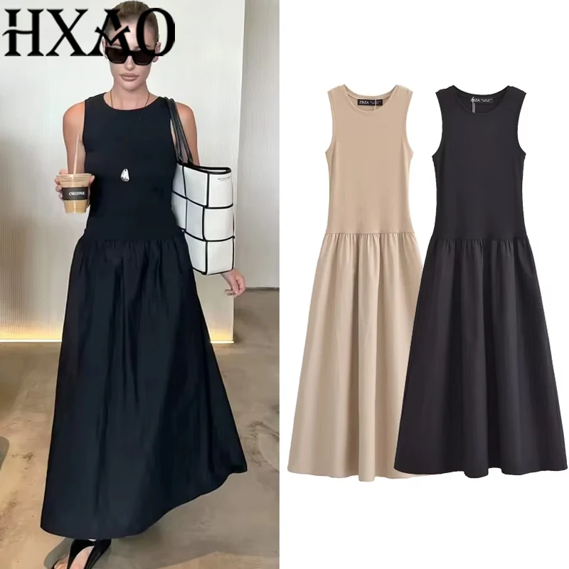 HXAO Abiti lunghi neri da donna 2025 Abiti eleganti senza maniche primaverili Moda Casual Vintage Party Abiti kaki Abiti