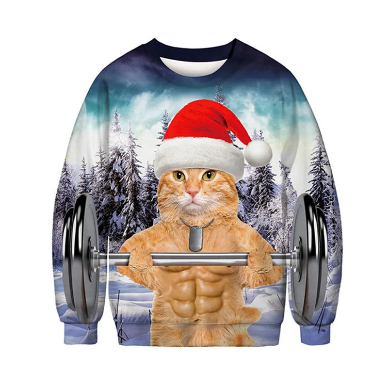 Suéter de gato estampado em 3D para homens e mulheres, suéteres feios de Natal, tops, pulôver de festa, moletom com capuz, 3XL, 2023