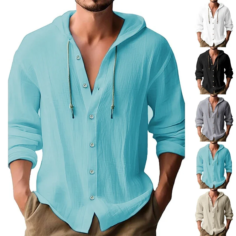 Chemise d'été en lin pour hommes, Streetwear solide, sweat à capuche à manches longues, Cardigan, vêtements pour hommes, hauts à boutons, décontracté, ample, chemise à capuche
