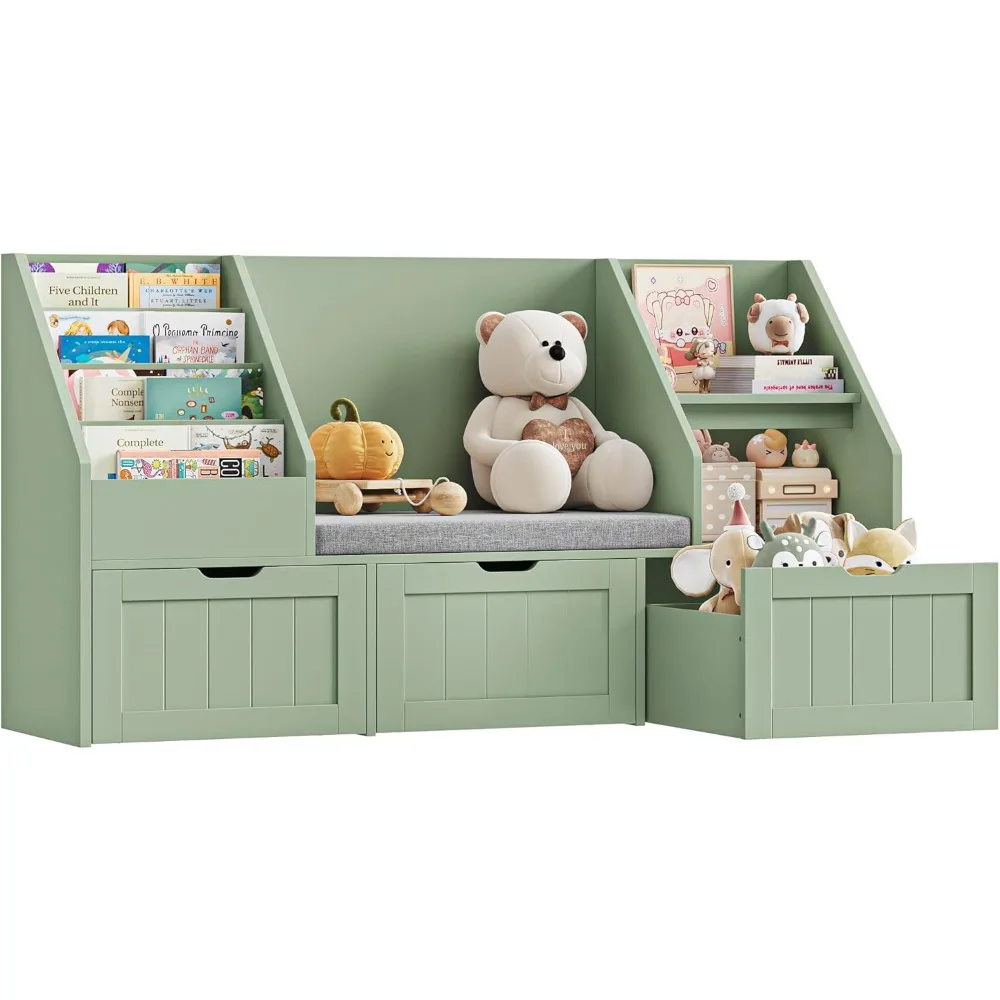55.1’’ Kids Bookshelf with Reading Nook, Toy Storage Organizer with Seat Cushion and 3 Movable Drawers, Kids Reading Nook Toy O