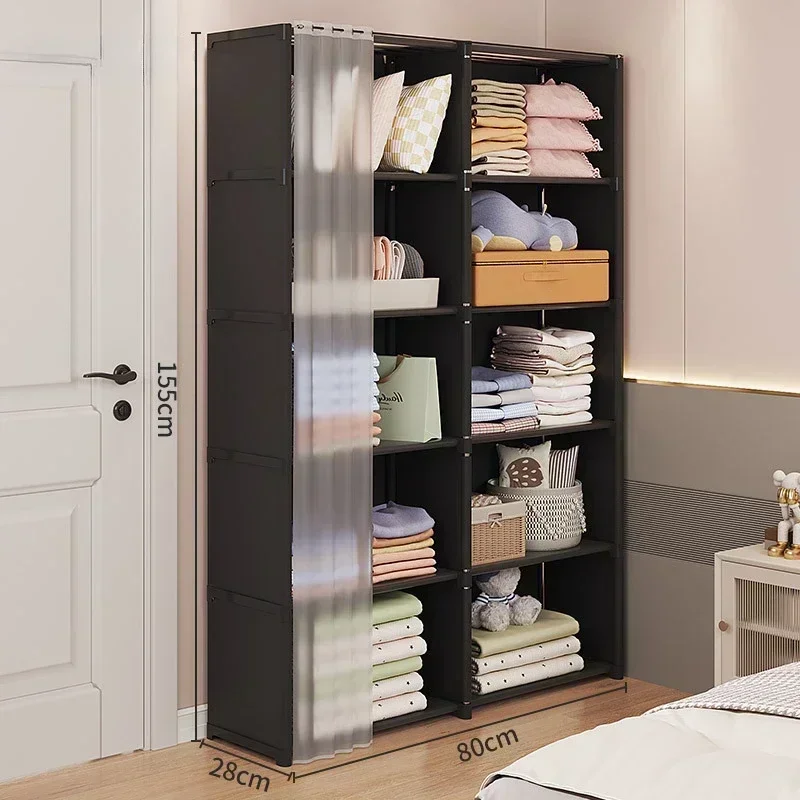 ตู้เสื้อผ้ากันฝุ่น Multi-Layer Storage Rack พร้อมผ้าม่าน Simple ชั้นวางหนังสือห้องนอนตู้เสื้อผ้าขนาดใหญ่ความจุ Fcloset Organizer