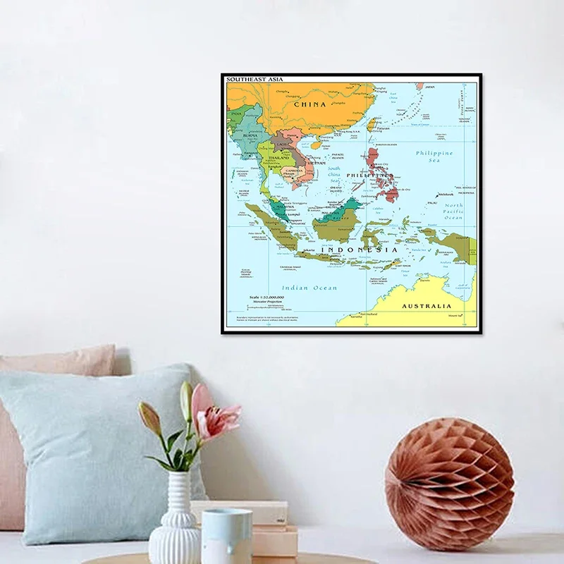 60*60Cm Đông Nam Á Bản Đồ Trong Tiếng Anh Treo Tường Trang Trí Poster Không Dệt Vải Tranh Unframed In nhà Trang Trí Phòng Khách