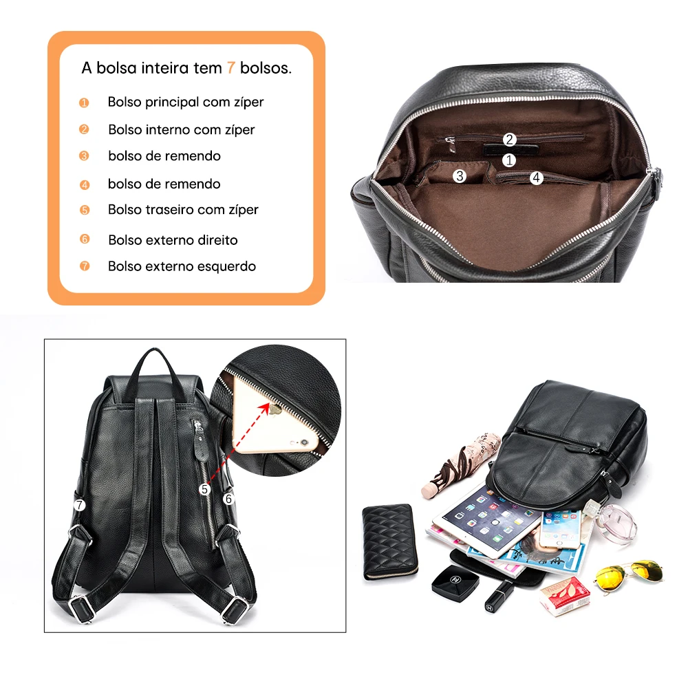 Zency elegante preto branco couro genuíno mochila feminina a ++ qualidade anti-roubo grande capacidade mochila de viagem designer