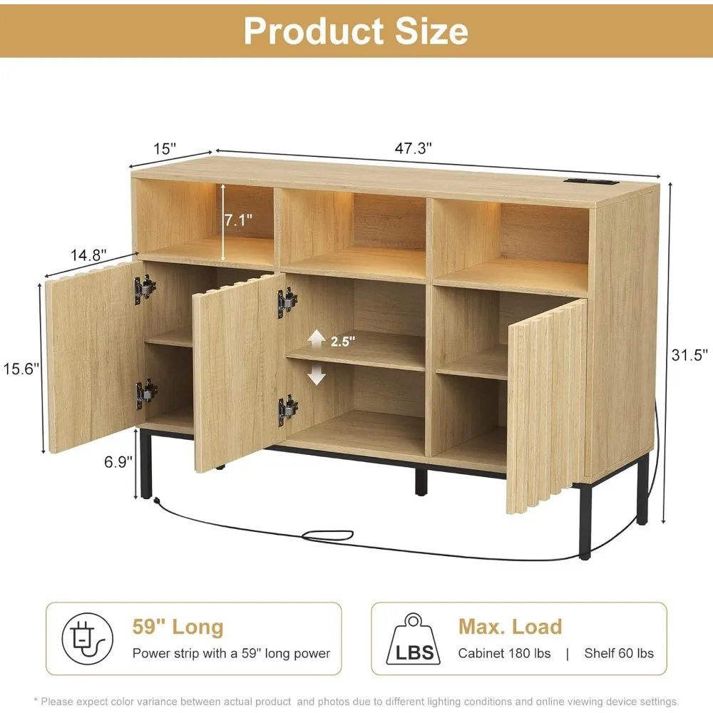 Storage Cabinet Buffet Cabinet with Storage, Fluted Sideboard Cabinet Coffee Bar, Accent Credenza with LED Light