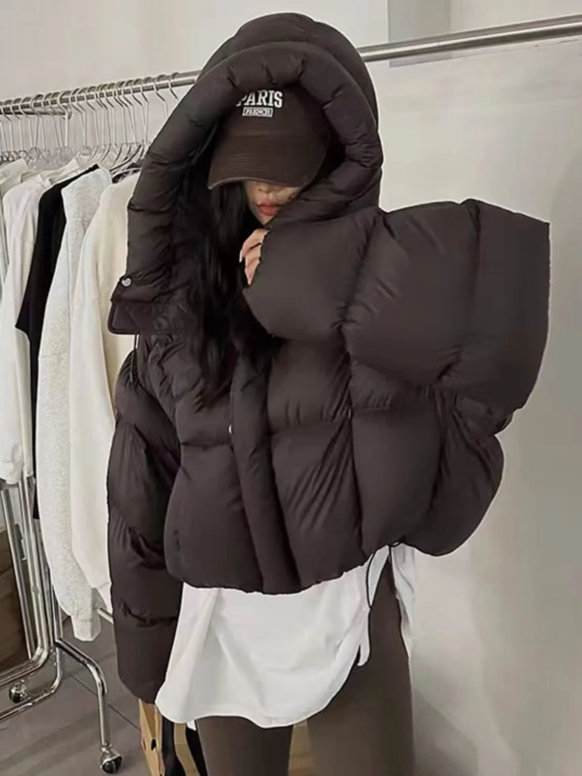 Jaqueta Curta de Aodão Fena Estilo Americano com Capuz Moda de Inverno Design de Tamanho Pequ Roupas Bread