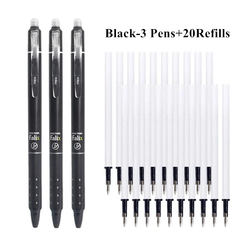 Conjunto de canetas de gel apagáveis retráteis de 0,5 mm com recargas de tinta gel preta e azul borracha embutida material de escritório kit de papelaria para exame