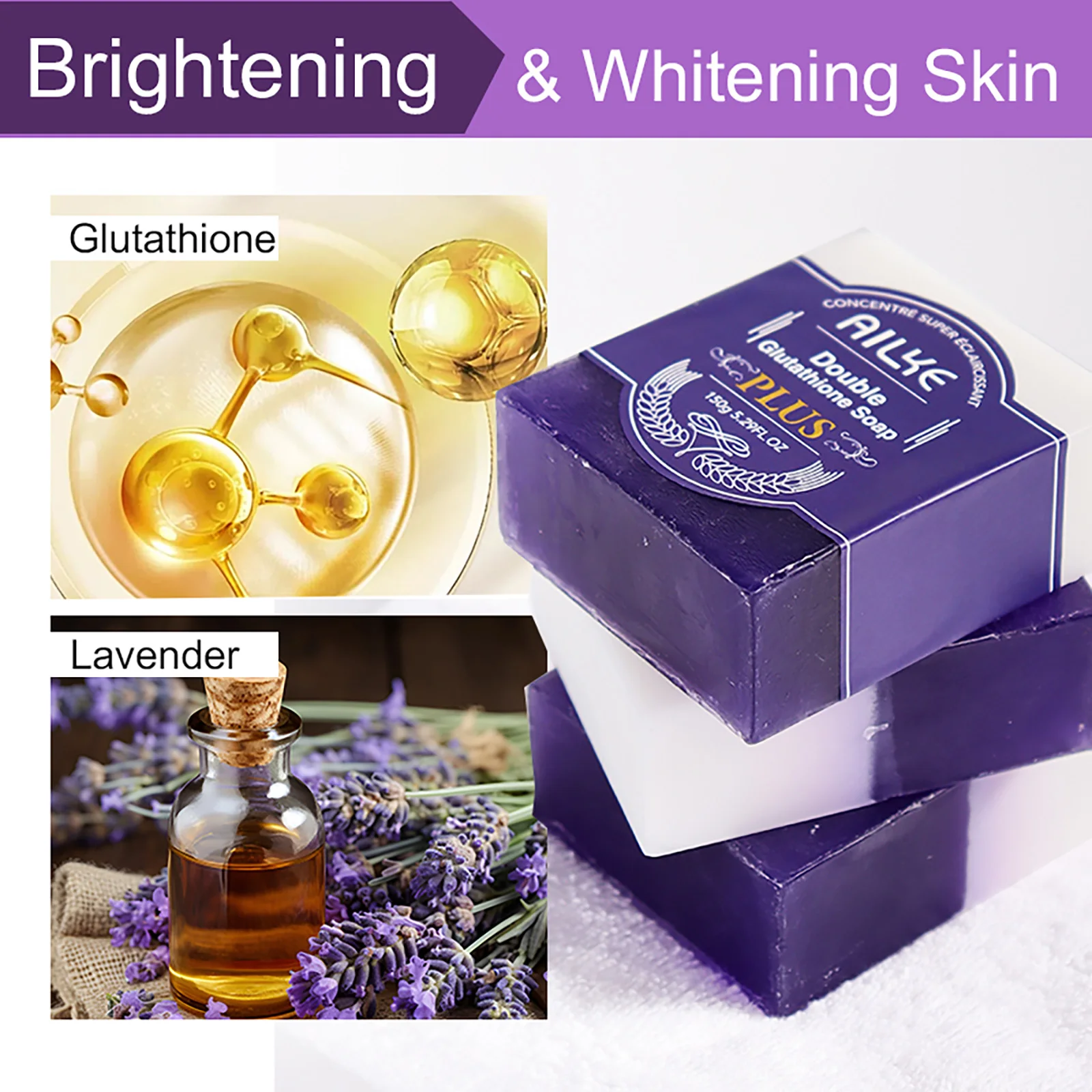 AILKE Aufhellender Seifenstück, mit organischem Glutathion und Lavendel, für Gesicht, Körper, Flecken reduzieren, saubere Haut, unterstützt individuelles Logo