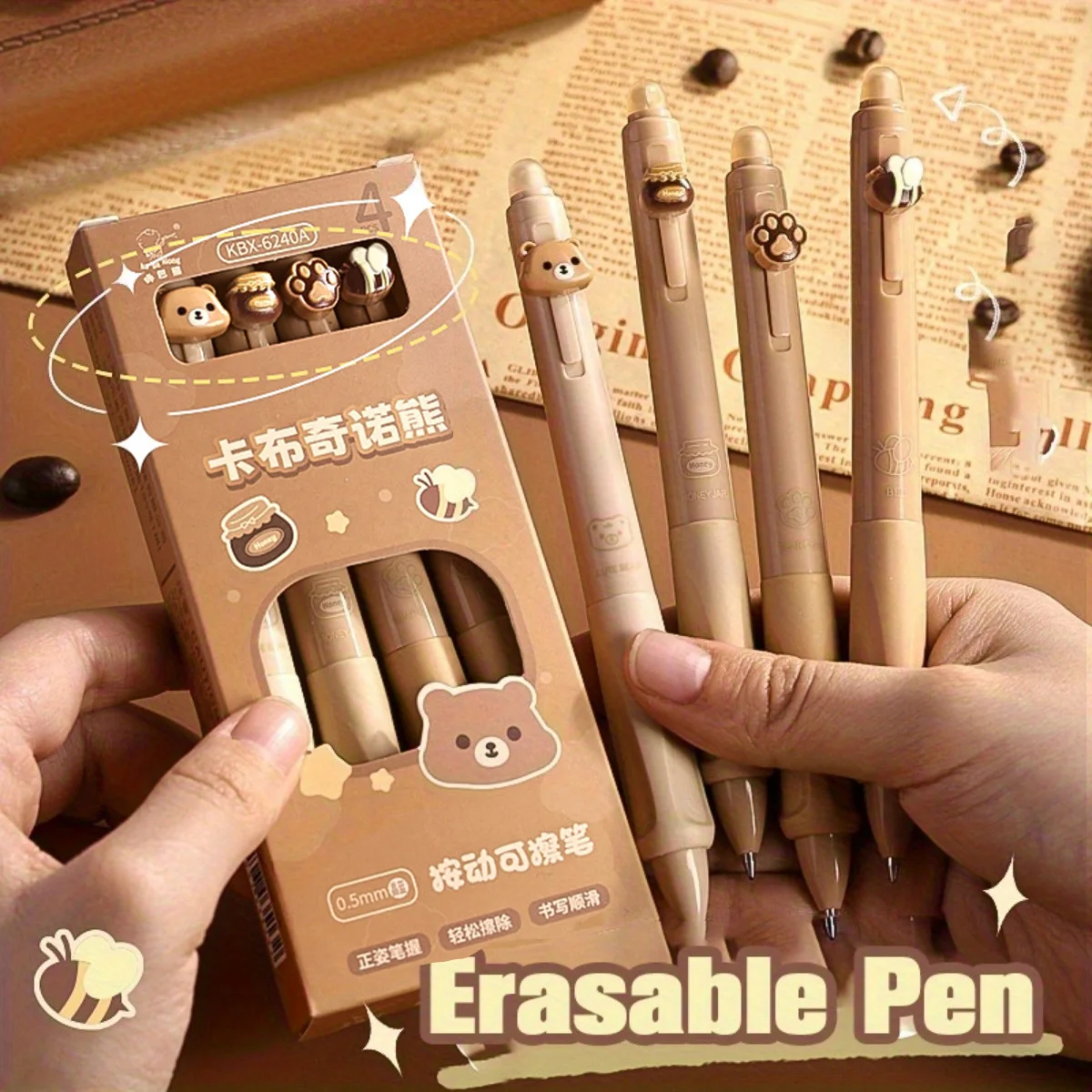 4pcs Cute Bear Erasable Pens, Retractable Erasable Pens, 0.5mm Black/Blue Ink Erasable Pens, Quick Drying Ink（Coffee&Purple）