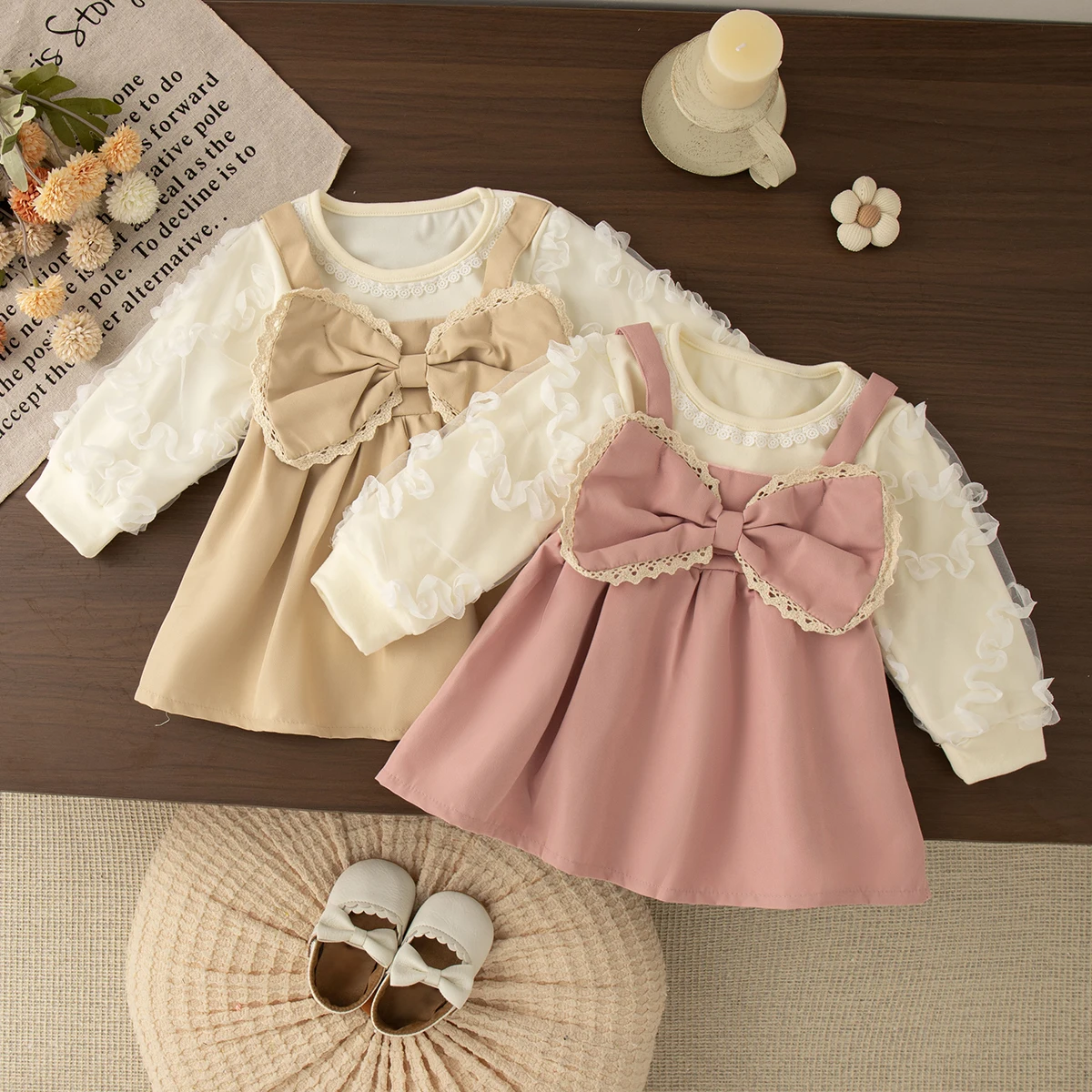6-24 meses primavera e outono novo vestido de bebê com laço doce, estilo coreano bolha manga comprida roupas infantis para festas