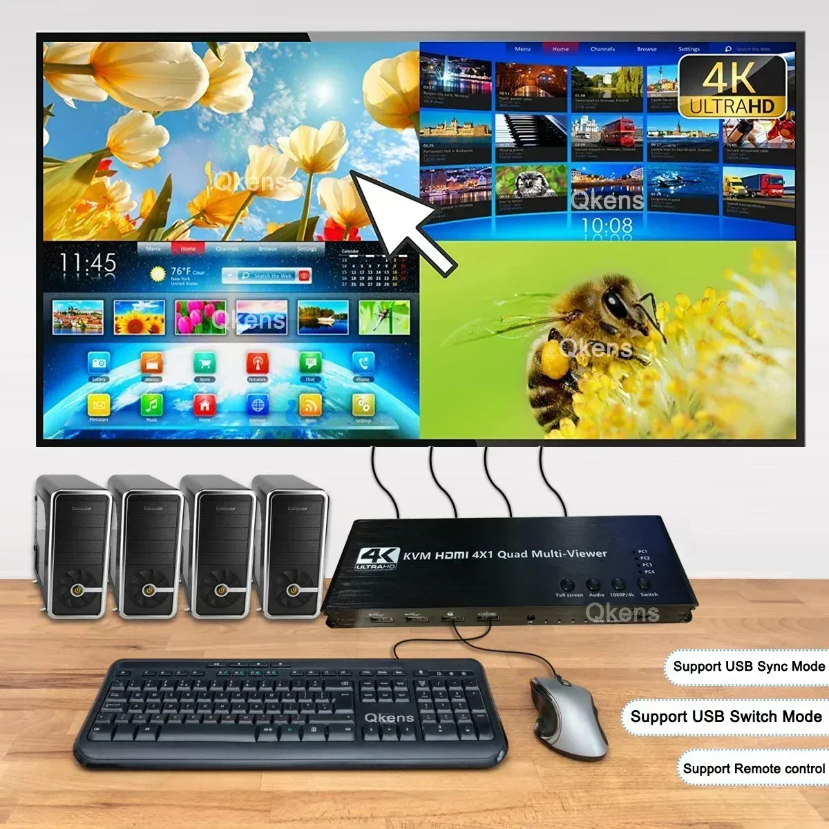 Мультипровер HDMI 1080p 4K 4x1 KVM HDMI Quad Multiviewer 4 В 1 Выход Бесшовный переключатель Поддержка 4 портативных ПК Поделиться мыши и клавиатуры