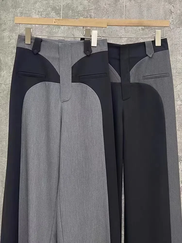 Chestnut 2023 ฤดูใบไม้ผลิNewDesign SenseสีContrast Patchworkกางเกงผู้หญิงสูงเอวSlimmingหลวมขากว้างMopกางเกง