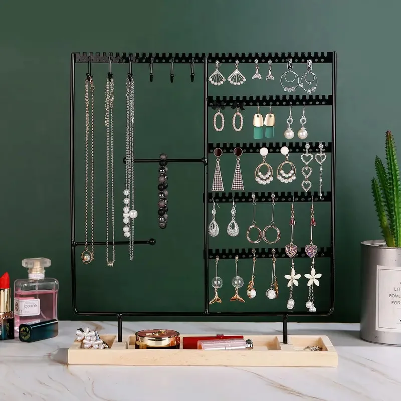 Multifunktionaler Ohrring-Ausstellungsständer, Aufbewahrungsregal für Halsketten und Ringe, abnehmbare Holzsockel, Damen-Armbanduhr, Schmuckständer