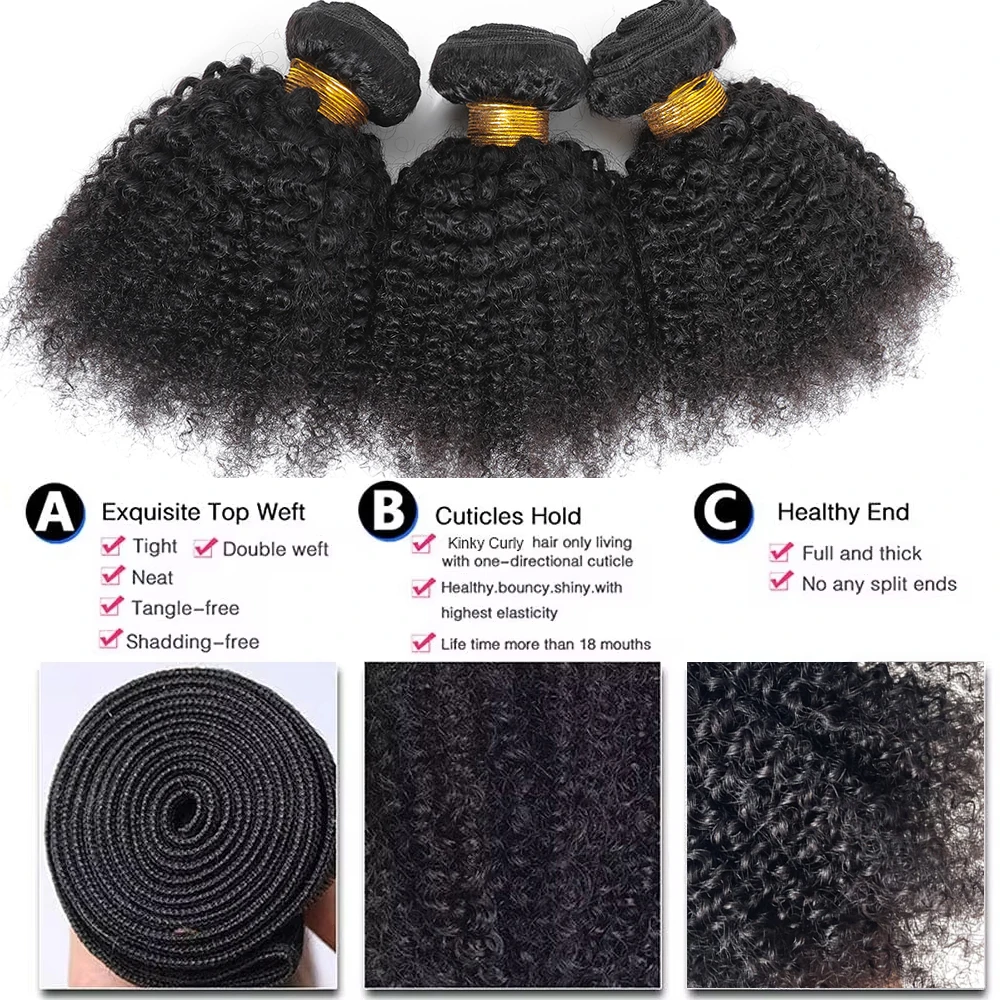 Bundles de cheveux humains bouclés indiens afro crépus bruts, tissage de cheveux vierges naturels, trame d'extension de cheveux, 100% doux, 4B, 4C