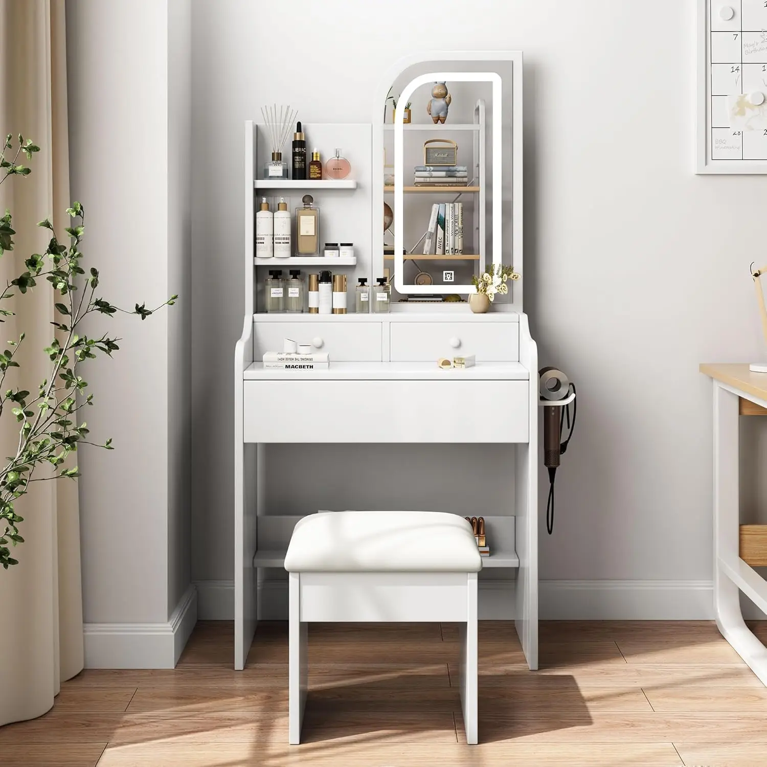 A small dressing table with power socket, a mini white dressing table with mirror and light, and a stool