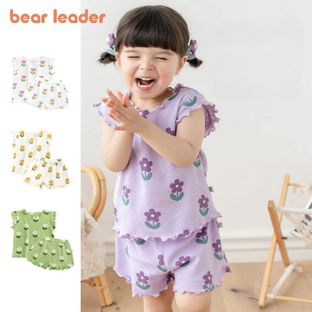 Bär Führer Sommer Neue Pyjama Baby Mädchen Kleidung 3-7 Jahre Alt Blume Gedruckt Kurzarm Top + Shorts nette Kinder Set