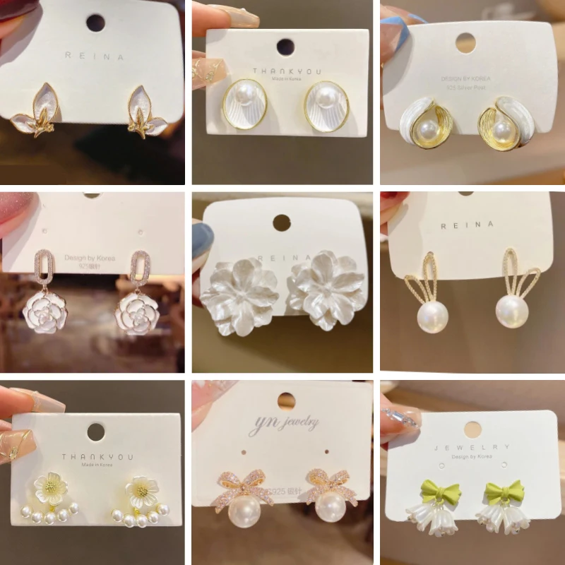 Pendientes colgantes blancos puros para mujer, flor floreciente, esmalte acrílico, mariposa, perla de imitación, corazón, pendientes colgantes, brinc elegante