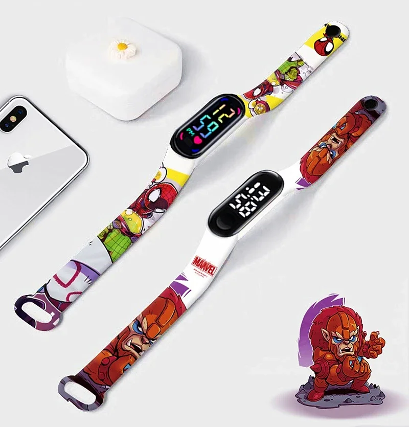 Disney frozen Spiderman Iron Man Hulk เด็กอะนิเมะกำไลข้อมือการ์ตูน LED สัมผัสของขวัญของเล่นนักเรียน