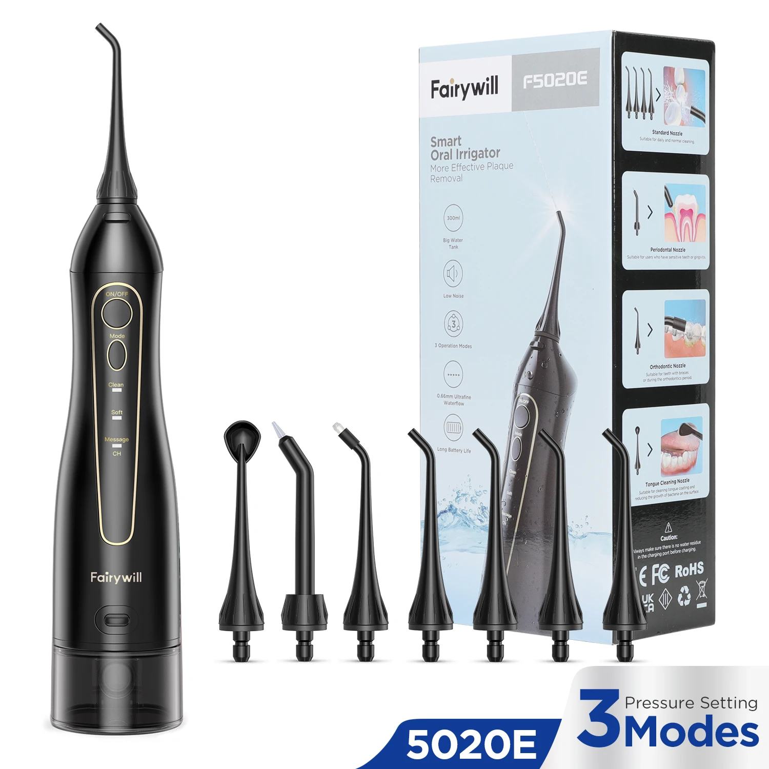 Fairywill-Hydropulseur buccal aste, irrigateur dentaire portable, nettoyeur de dents étanche, 3 modes, eau précieuse pour les dents, 300ml