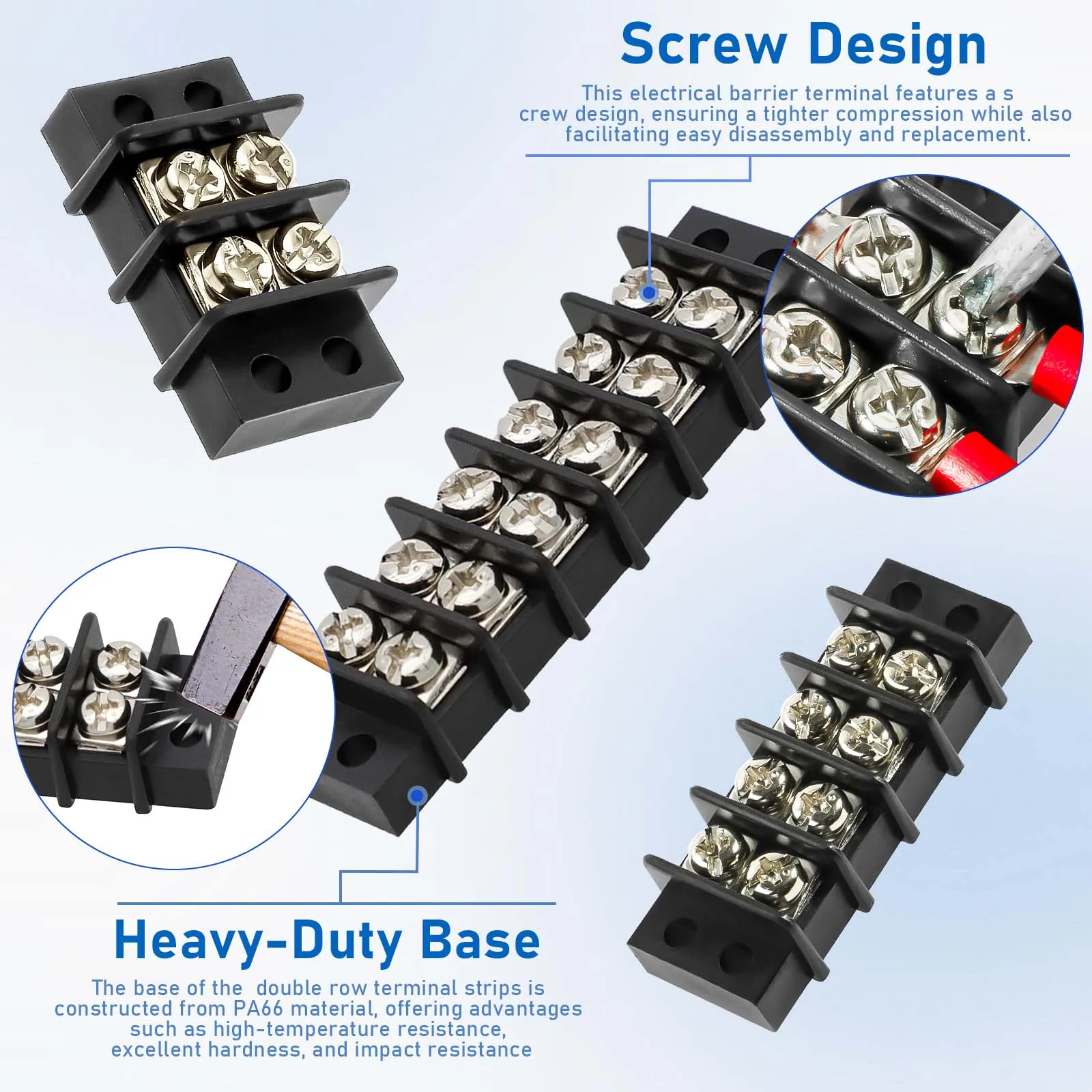3sets Dual Screw Terminal Block Strips 2 4 6 8 10 12 Positions With 16-14AWG Insulated Fork Wire Connectors