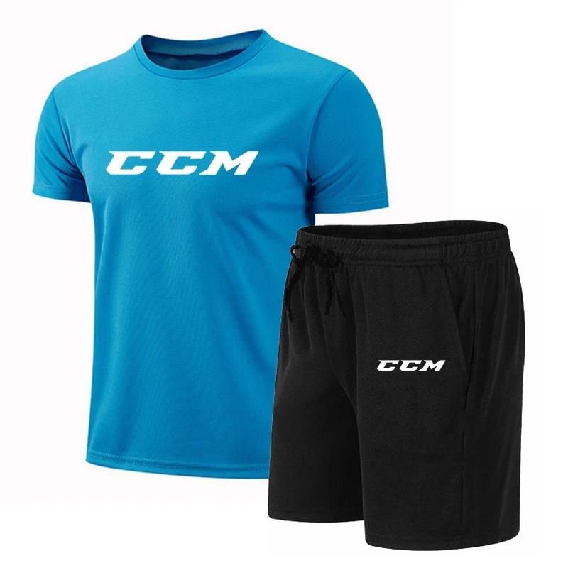ฤดูร้อนผู้ชายฟิตเนสแฟชั่นผู้ชายสบายๆชุดกีฬาแห้งเร็วชุดกีฬา CCM แขนสั้นเสื้อยืด + กางเกงขาสั้น 2 ชิ้นชุด
