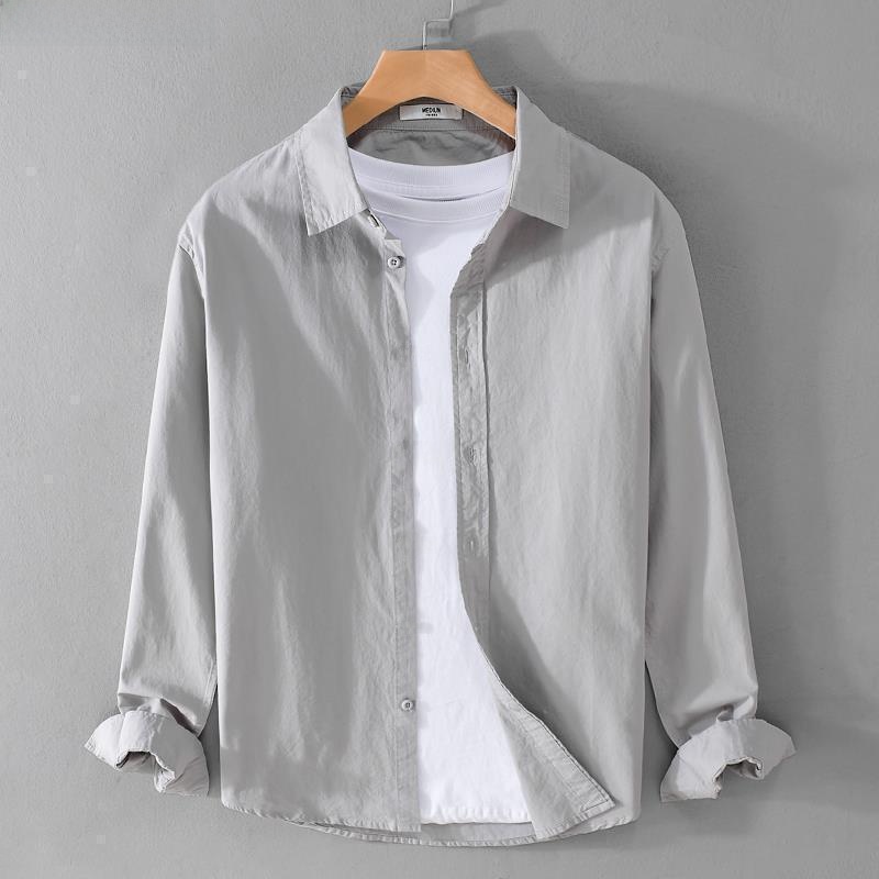 新鮮な夏のメンズシャツ薄い長袖ピュアカラーカジュアルアウターウェアコットンリネンブレンド通気性ルーズフィット若者ファッション