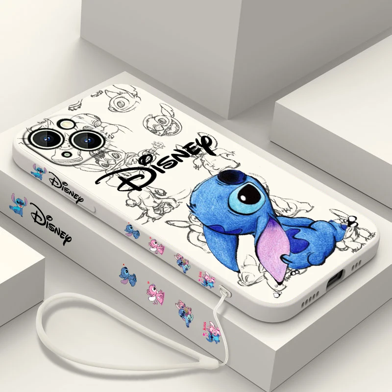 Чехол для телефона Disney Super Cute Stitch для Apple iPhone 15, 14, 13, 12, 11 Pro Max Plus 8, 7 SE, мягкий чехол с жидкой левой веревкой