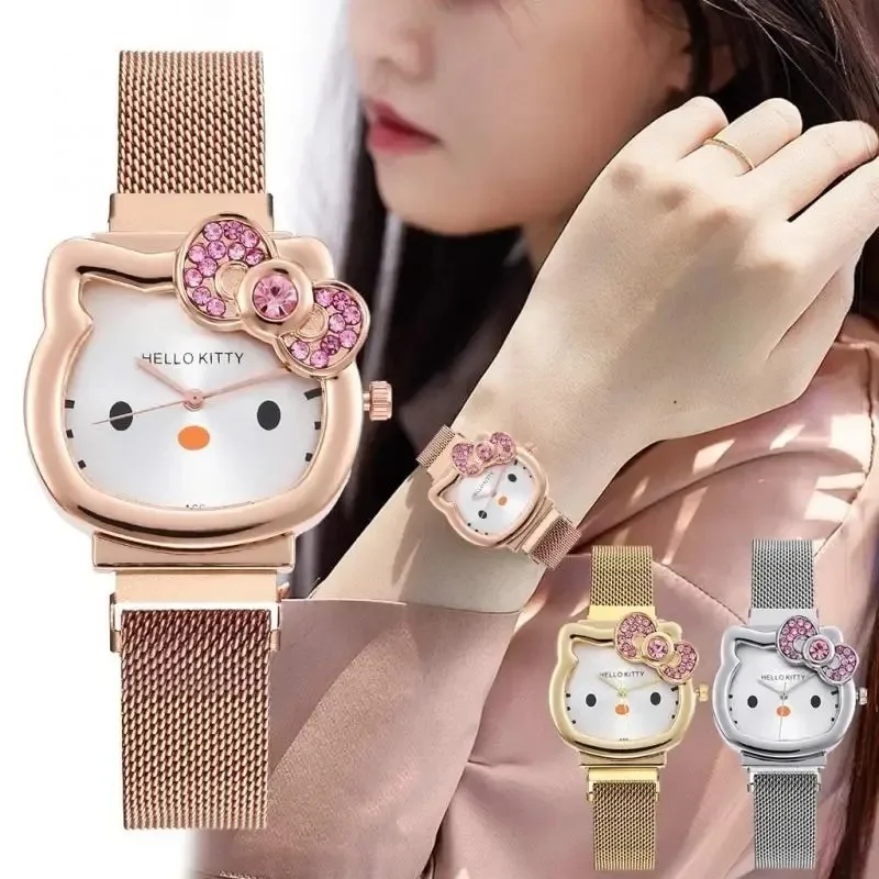 Olá kitty arco diamante relógio sanrio anime moda relógios de quartzo bonito dos desenhos animados ímã relógios meninas presentes aniversário