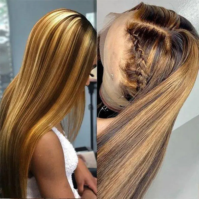 ไฮไลท์สีน้ําตาลตรงวิกผมลูกไม้ด้านหน้าด้านหน้ามนุษย์Wigsสําหรับผู้หญิงปิดลูกไม้วิกผมPre Pluckedน้ําผึ้งสีบลอนด์สีราคาถูกWigs