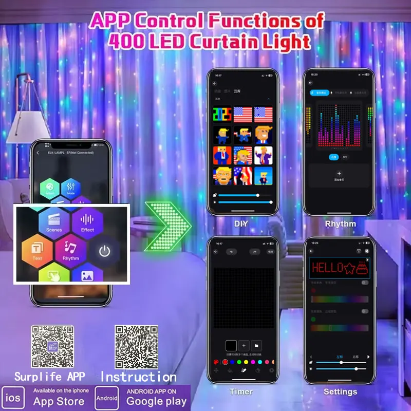 400 LED สมาร์ทผ้าม่านไฟ String พร้อม App รีโมทคอนโทรลซิงค์เพลงคริสต์มาส Curtain String ไฟ Fairy กลางแจ้ง