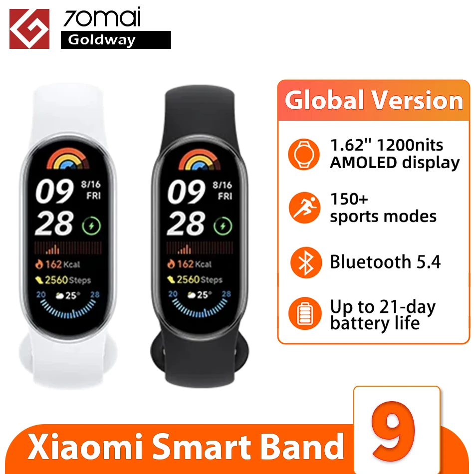 Versión global Xiaomi Smart Band 9 Pantalla AMOLED de 1,62 pulgadas 21 días de duración de la batería Admite más de 150 modos deportivos 5ATM Bluetooth 5.4