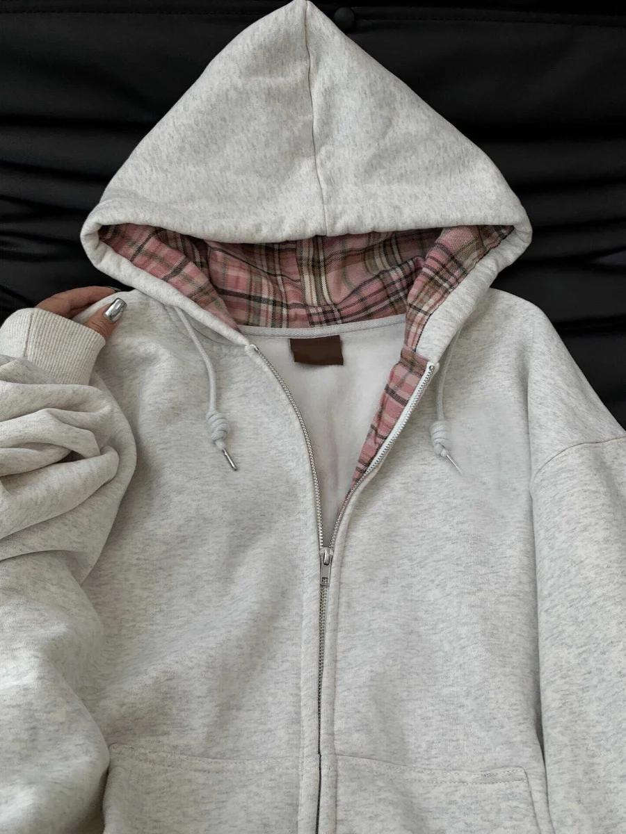Sudadera con capucha a cuadros Retro para mujer, cárdigan con cremallera, Tops versátiles, ropa de abrigo informal holgada, otoño
