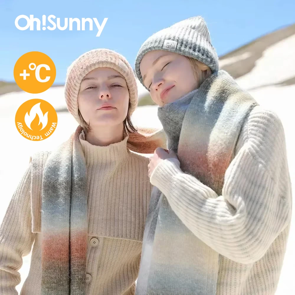 OhSunny-Conjunto de gorros de lana para mantener el calor para mujer, gorros tejidos de arcoíris, bufanda para mujer, bonito Color degradado, pañuelo para el cuello a prueba de frío
