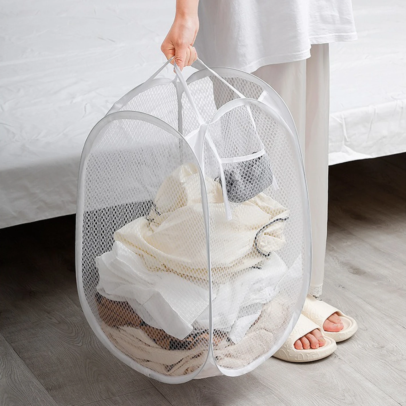 Large Capacity Household Laundry Basket Foldable Mesh Dirty Clothes Storage Basket Toy Storage Bag Bucket Bathroom Accessories