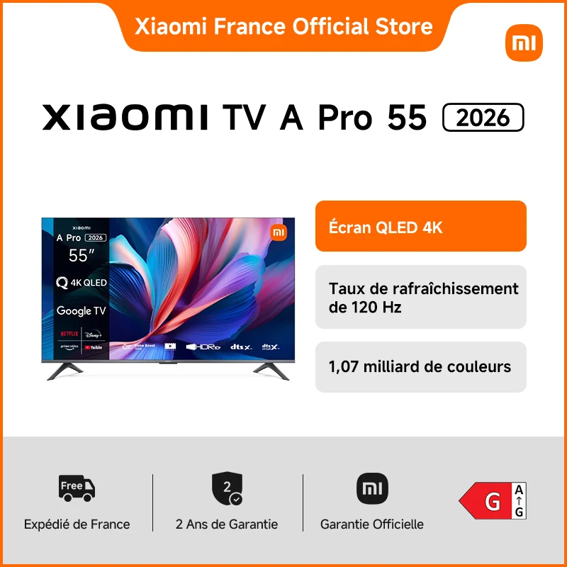 Xiaomi France |  Xiaomi TV A Pro 55 2026, Écran QLED 4K, Son immersif avec Dolby Audio™, DTS:X, DTS Virtual:X, Compatible HDR10+ ,1,07 milliard de couleurs, DCI-P3 94 %