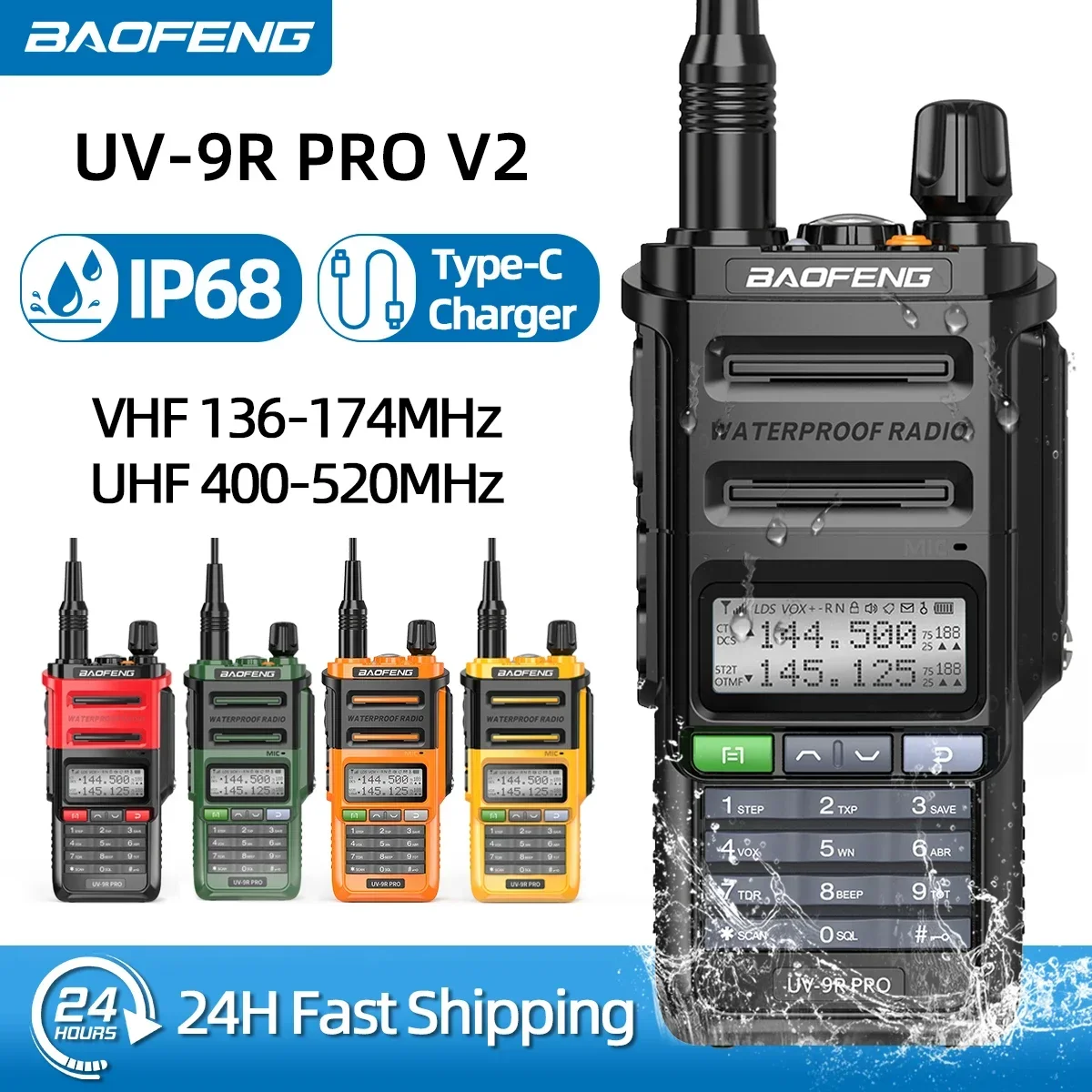 Baofeng UV 9R Pro V2 IP68 Walkie Talkie impermeable Tri-Power tipo C cargador transceptor de doble banda Ham Radio bidireccional Radio marina