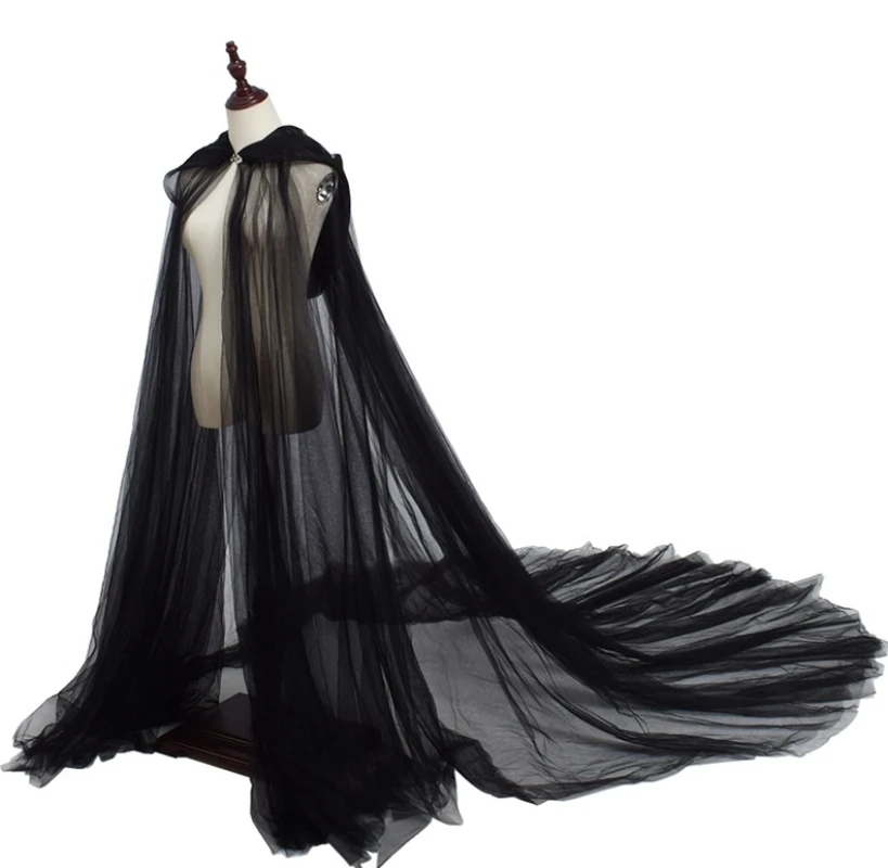 เครื่องแต่งกายวันฮาโลวีนสำหรับผู้หญิง Hood Tulle Cape เสื้อคลุมสีดำสีขาวสีแดงคู่แต่งงานความยาวเสื้อคลุม Cape Dress