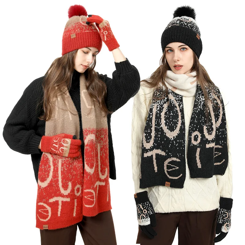 Conjunto de 3 piezas de visón sintético para mujer, bufanda de jacquard gruesa de invierno, guantes, accesorios de punto cálidos para clima frío