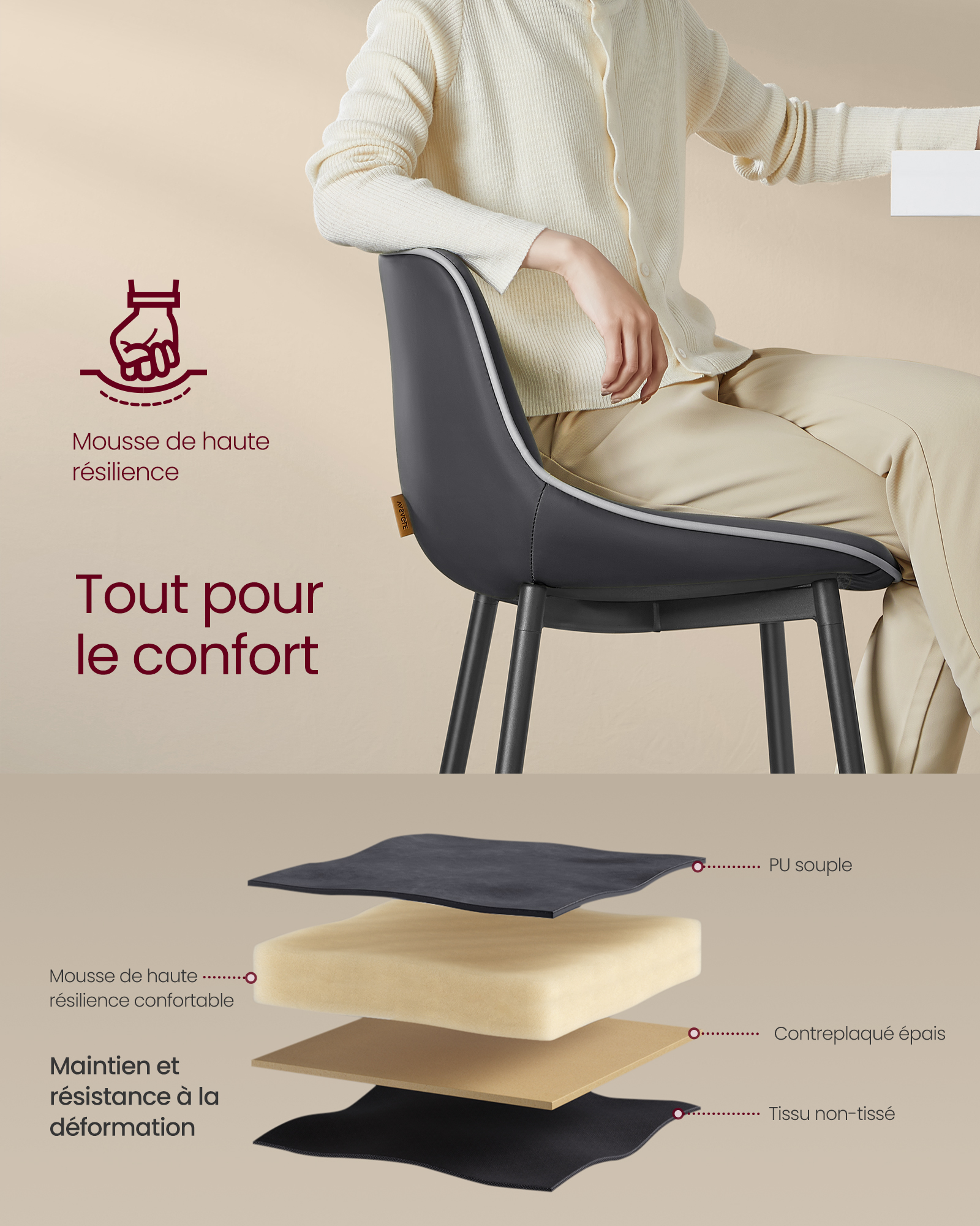 Tabourets de Bar, Lot de 2, Ergonomique, PU, Structure Métallique avec Pieds Réglables Articulés, 73 cm de Hauteur, Noir d'encre