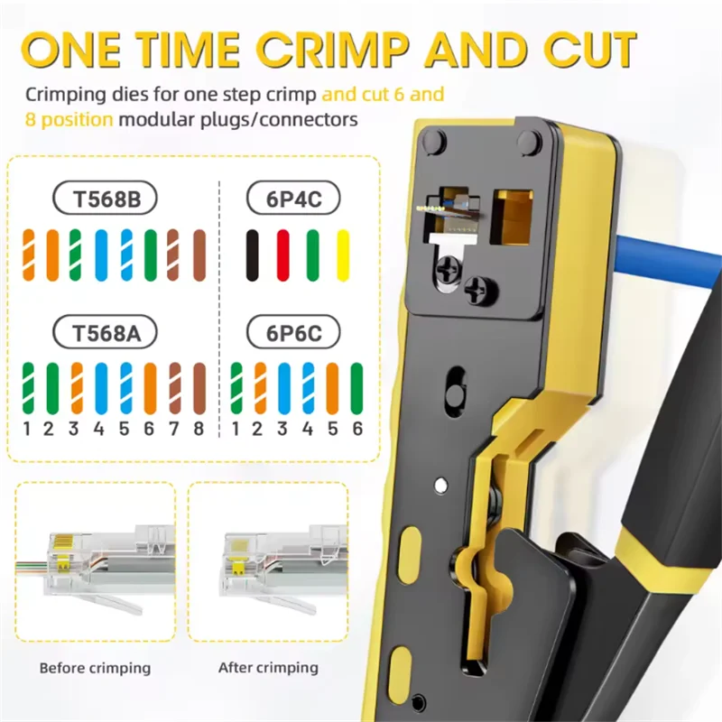 Straight RJ45 Crimping Tool Kit, Integrated Ethernet Crimper Cat7 Cat6 Cat5 Crimping Tool Ratchet Modular Data Cable Crimper