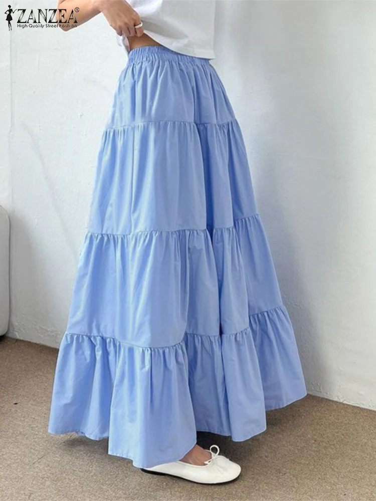 ZANZEA Donne Coreano Moda A File Maxi Gonna Elastico In Vita Casual di Colore Solido A-line Faldas Mujer Vacanza Streetwear Lunghi Jupes